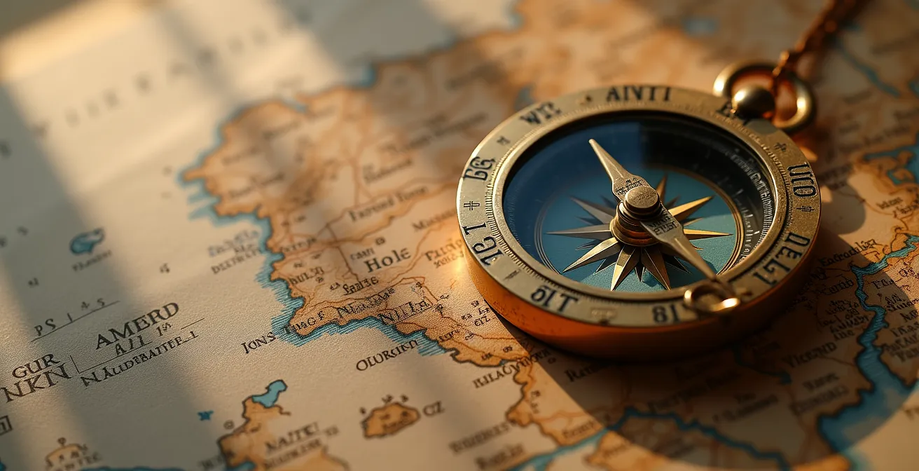 Boussole ancienne sur carte représentant métaphoriquement le choix et l'orientation