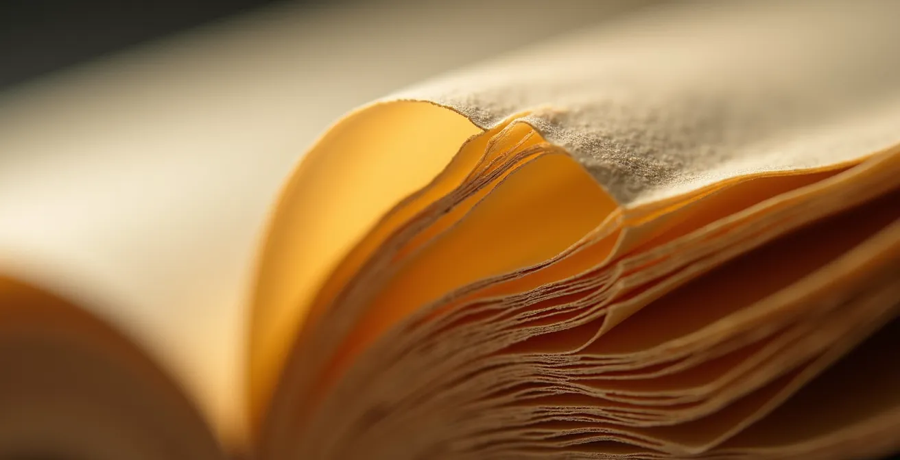Détail macro de pages anciennes montrant la texture du papier et les traces du temps