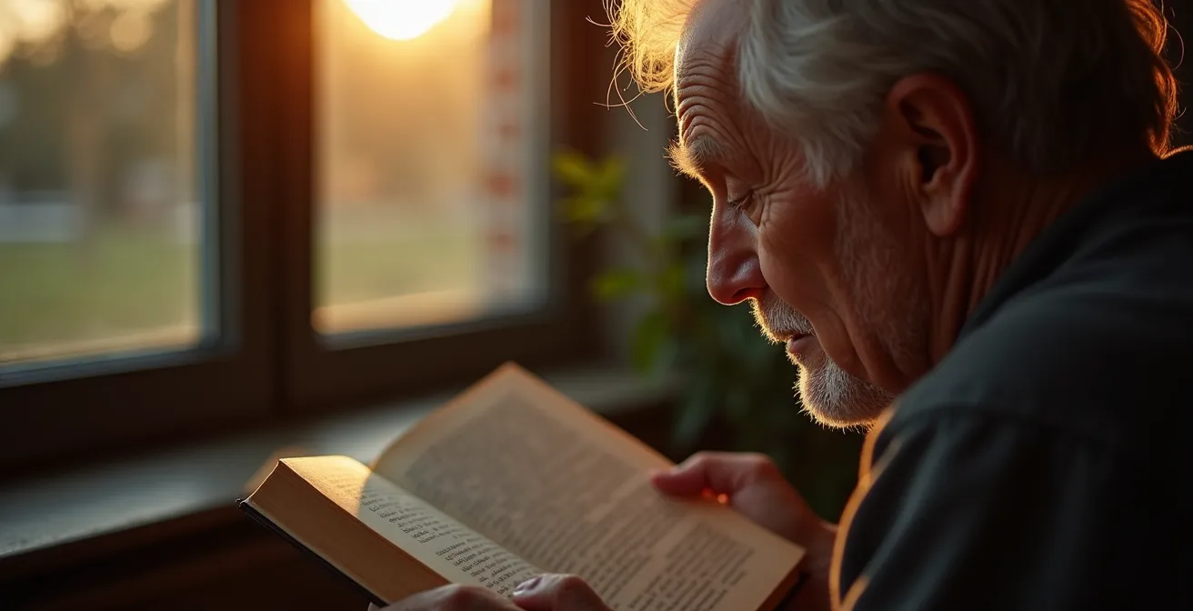 Personne lisant intensément éclairée par une lumière dorée du soir