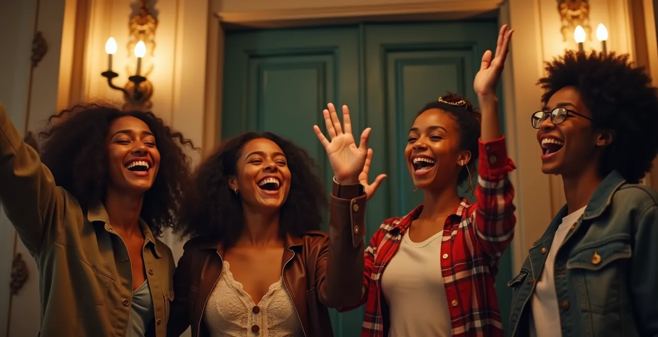 Groupe d'amis euphoriques célébrant leur victoire devant une porte d'escape game