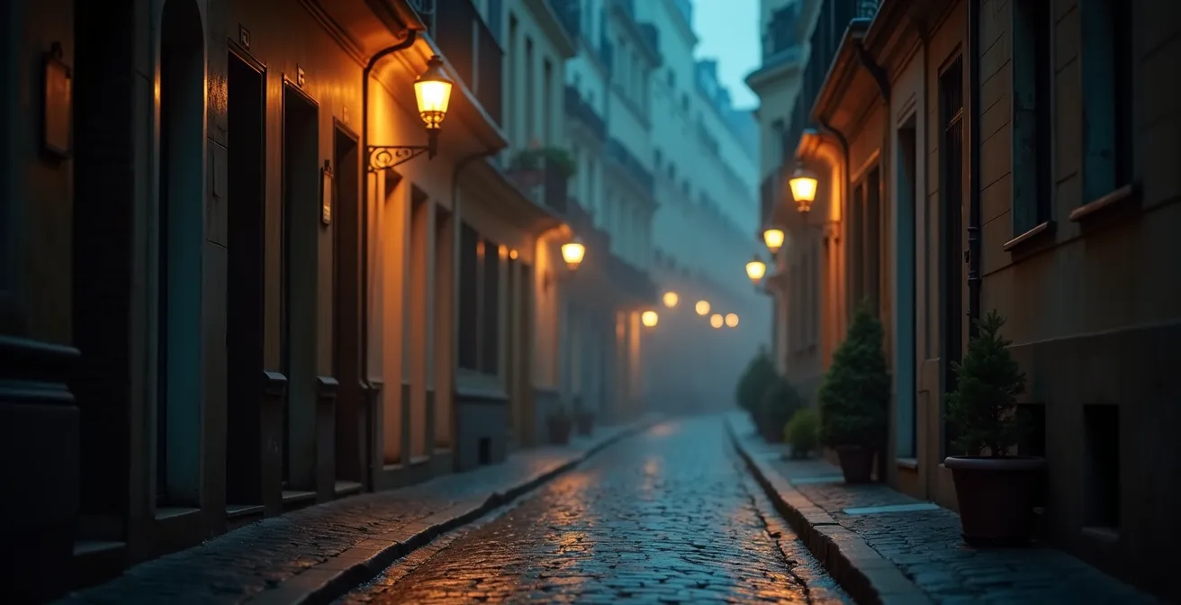 Vue atmosphérique d'une ruelle parisienne pavée au crépuscule avec éclairage vintage