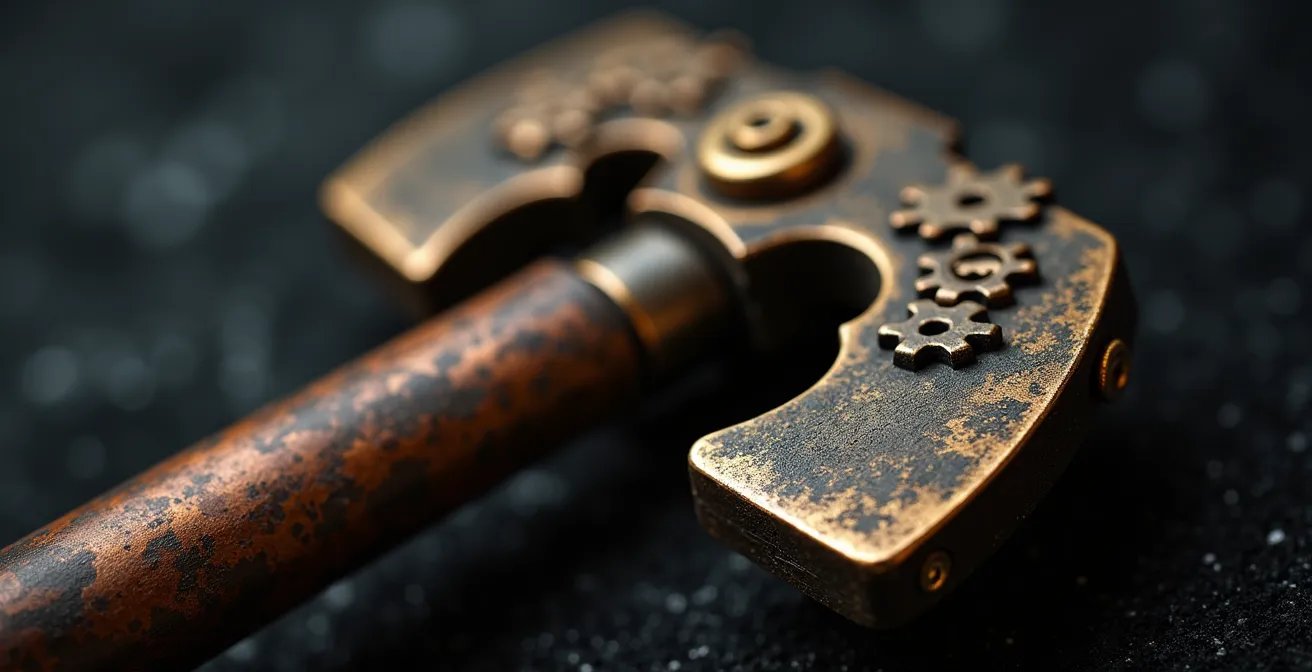 Vue macro détaillée d'une serrure ancienne en bronze avec des mécanismes visibles