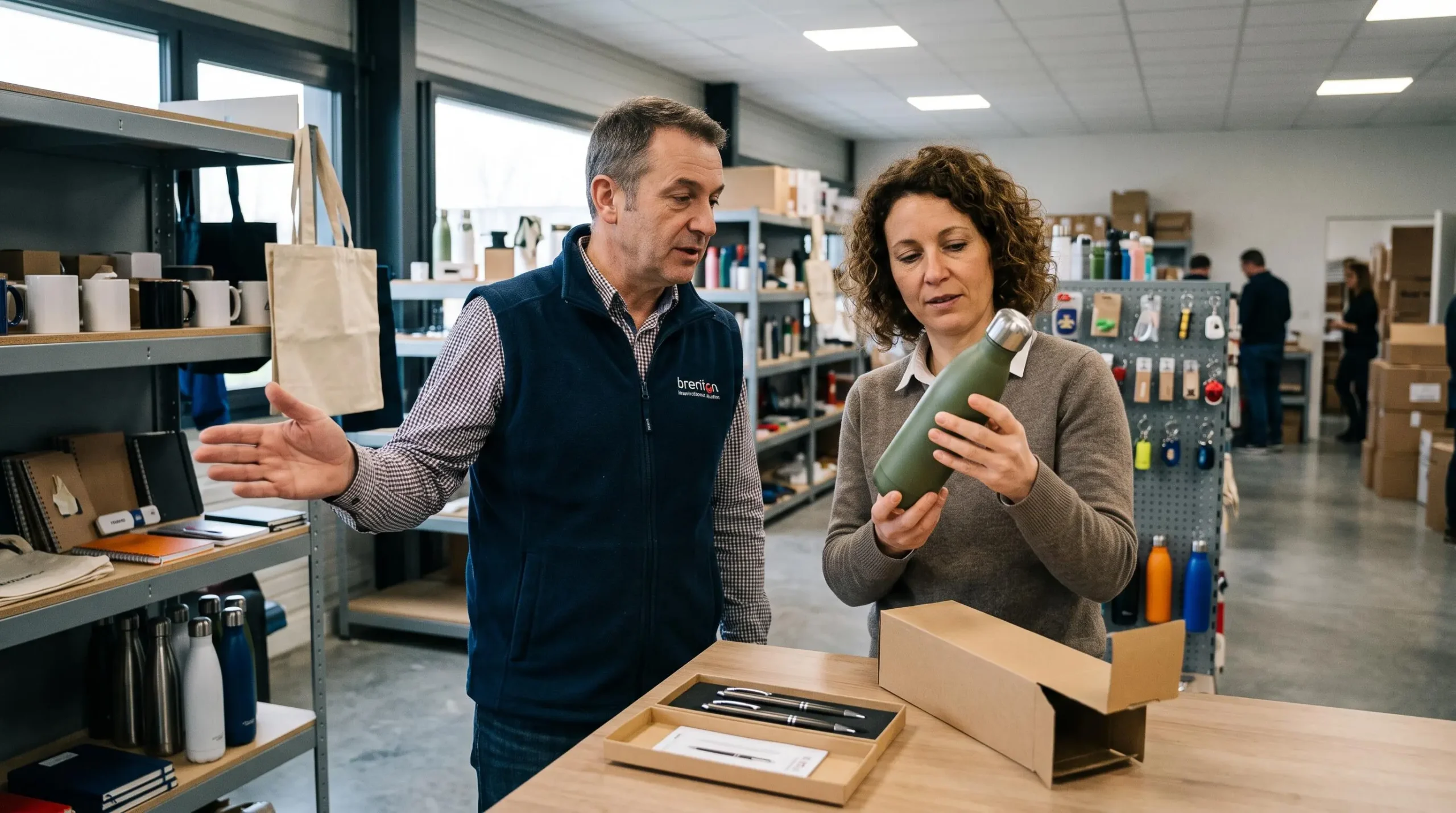 Une conseillère présente un gourde isotherme à un dirigeant de PME dans un showroom d'objets publicitaires.