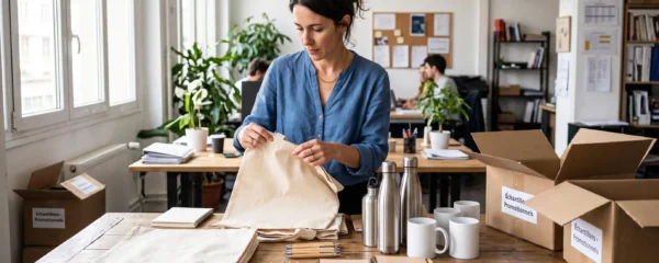Une responsable marketing examine un tote bag en coton parmi divers objets publicitaires posés sur une table de bureau.
