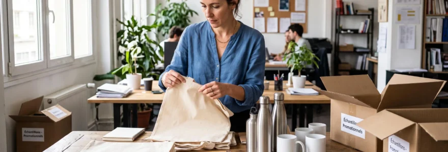 Une responsable marketing examine un tote bag en coton parmi divers objets publicitaires posés sur une table de bureau.
