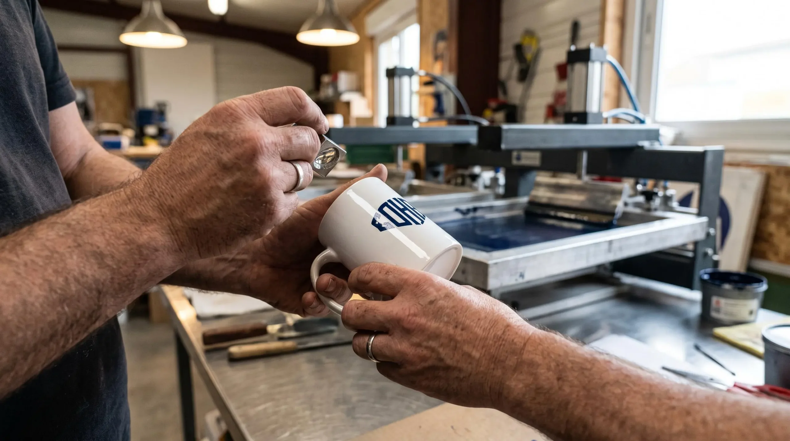 Un technicien vérifie à la loupe la qualité du marquage imprimé sur une tasse en céramique dans un atelier.